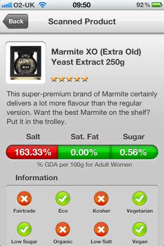 Can I Eat It iPhone barcode scanner and reader look at the ingredients of the Diamond Jubilee Marmite Yeast Extract.