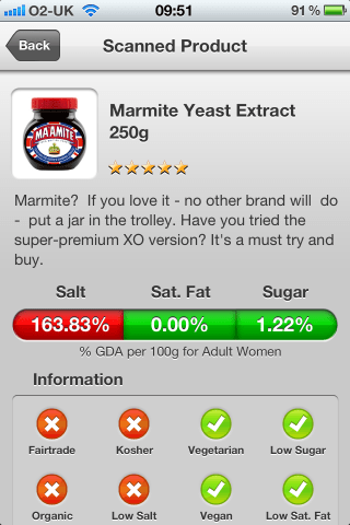 Can I Eat It iPhone barcode scanner and reader look at the ingredients of the Diamond Jubilee Marmite Yeast Extract.