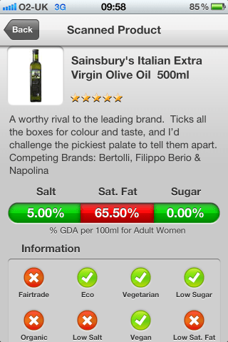 Can I Eat It iPhone App lets you know what is in the Sainsbury's Italian Extra Virgin Olive Oil 